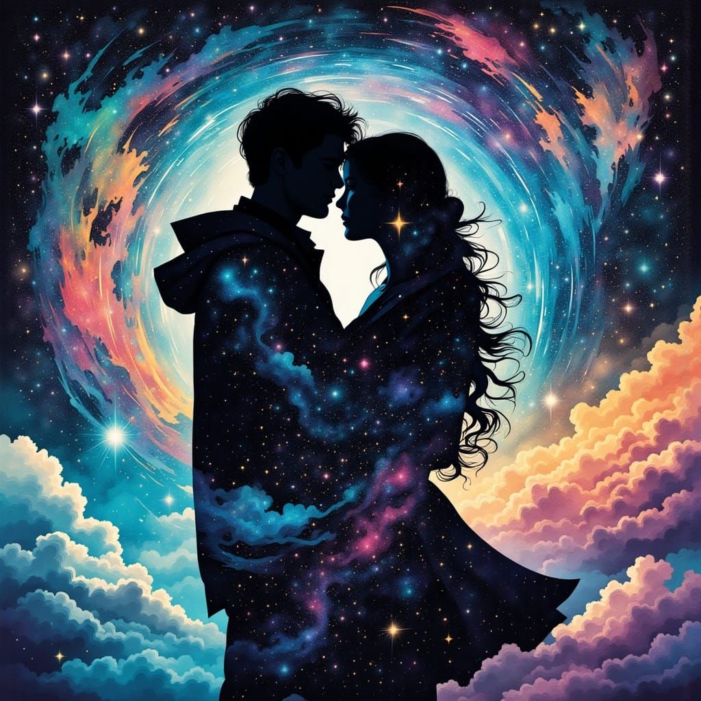 Embracing Figures in Psychedelic Double Exposure Style