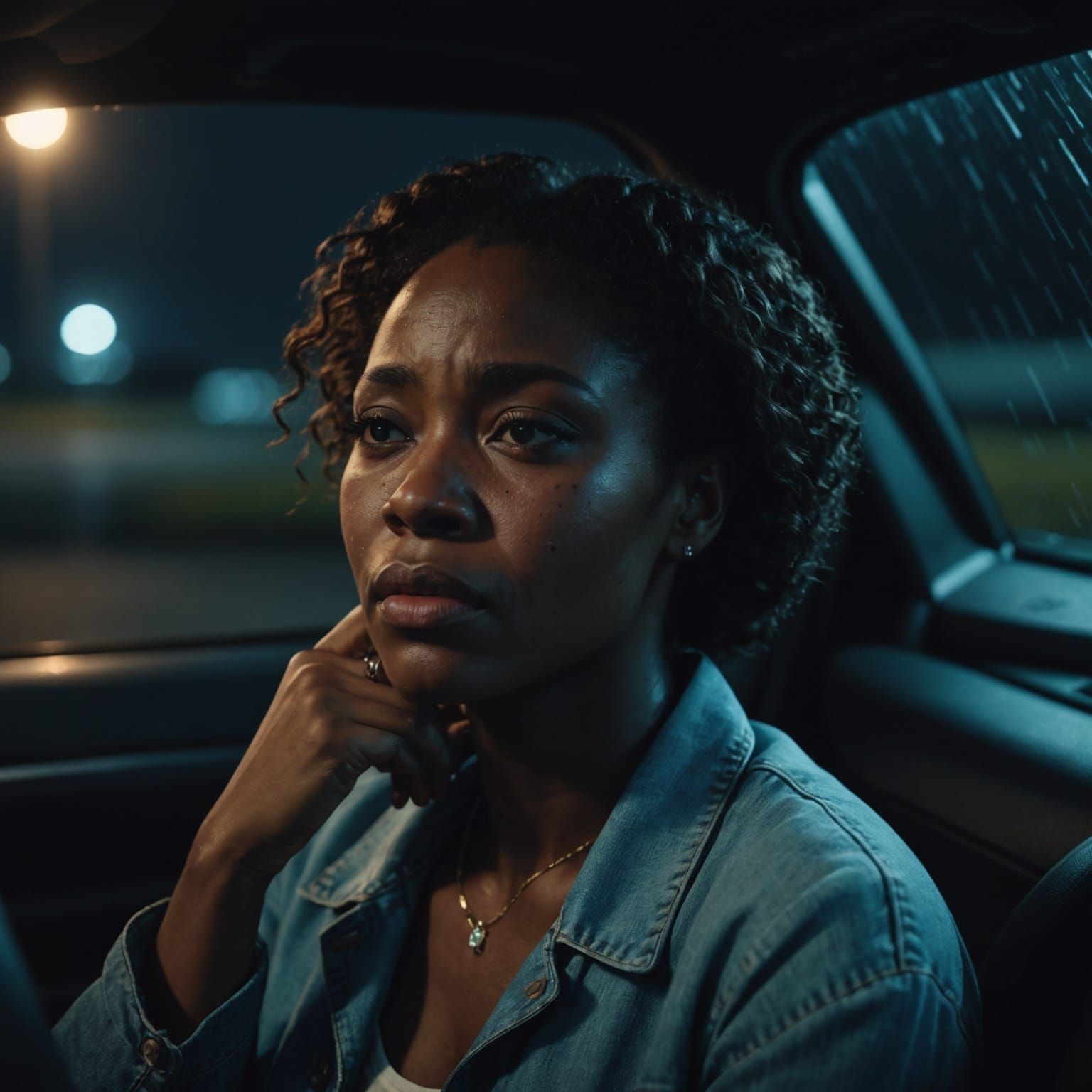 Sad Woman Crying in Car on Dark Night