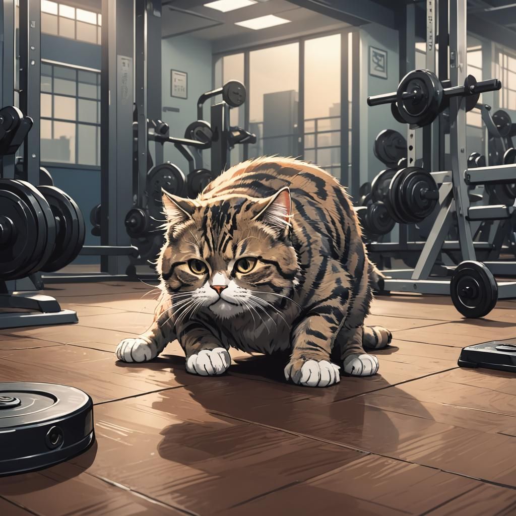Cat Doing One-Handed Pushup: Anime Style