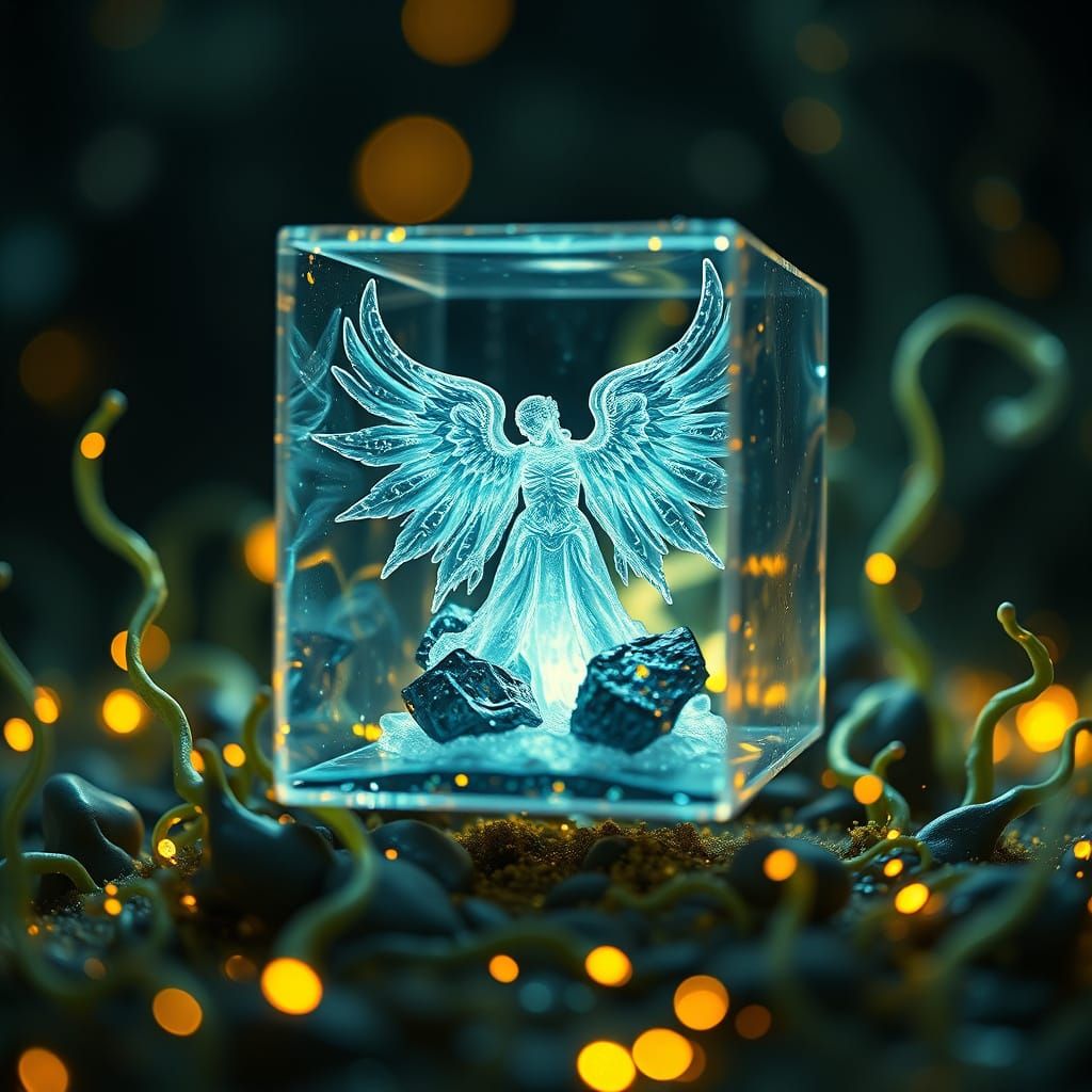 Ferrofluid Archangel in a Bioluminescent Landscape