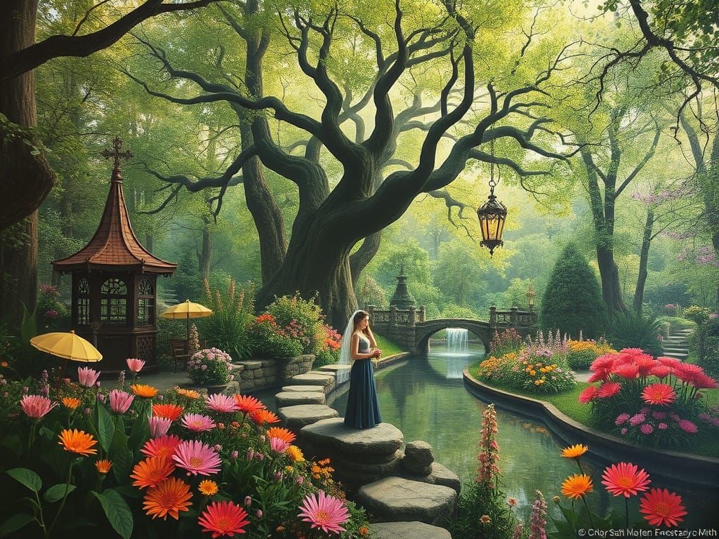 Surrealistic Garden Scene in Whimsical Fantasy Style