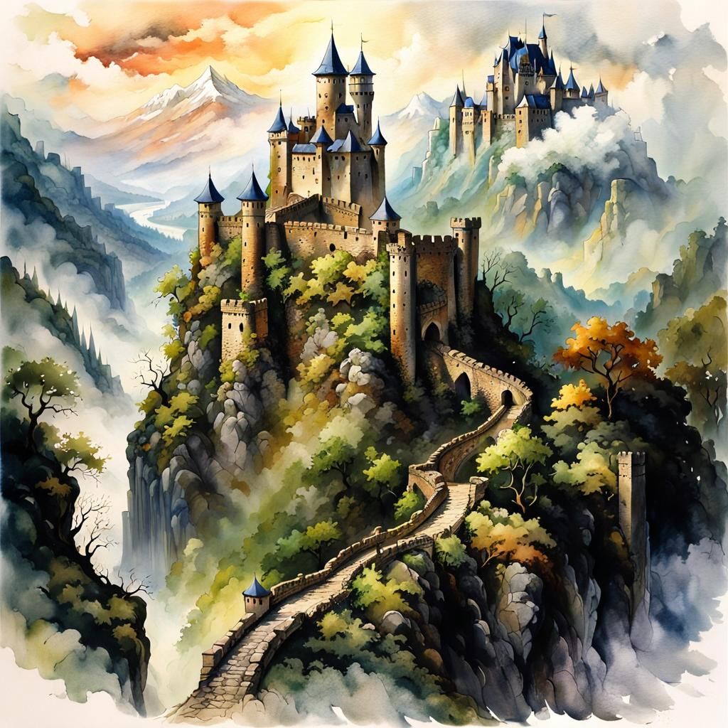 Ancient Castle Ruin on Mountain in Watercolor Style