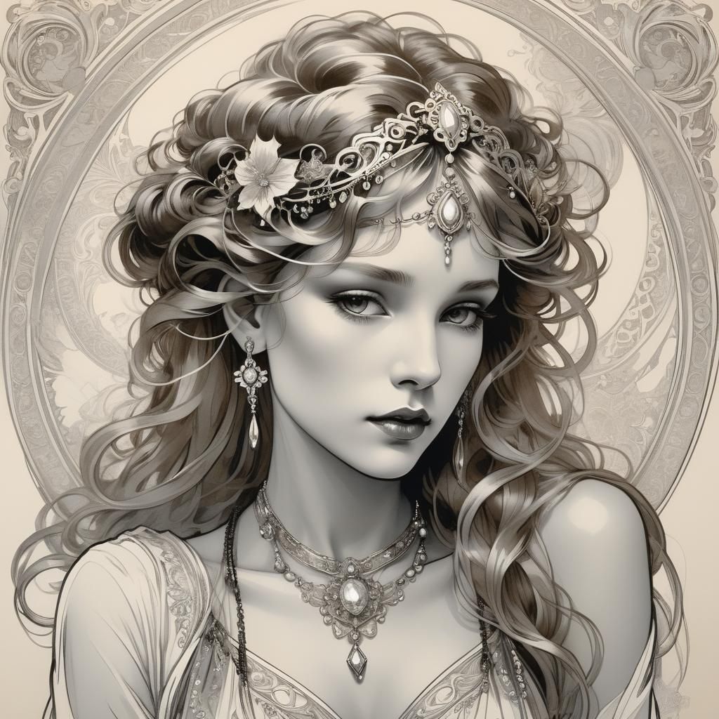 Elegant Woman in Alphonse Mucha-Inspired Line Art