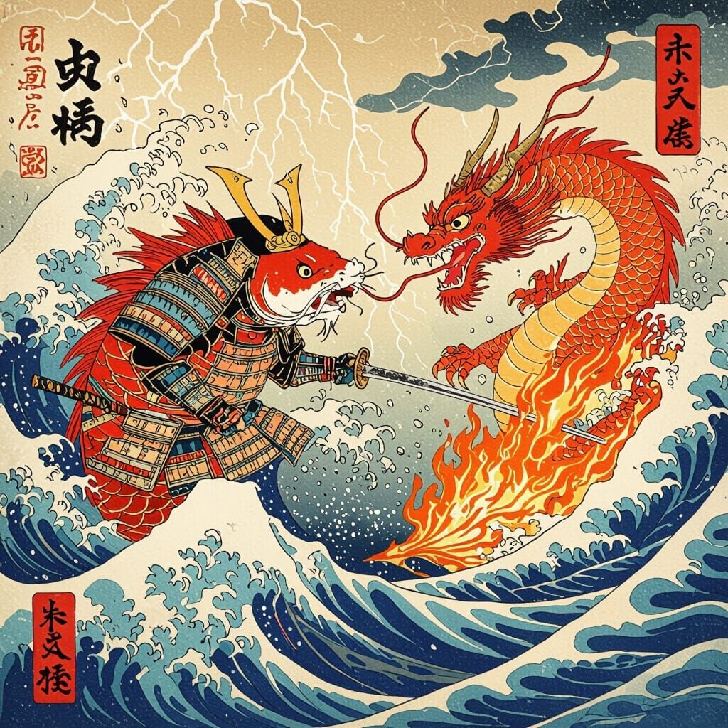 Samurai Catfish Battles Dragon in Ukiyo-e Style