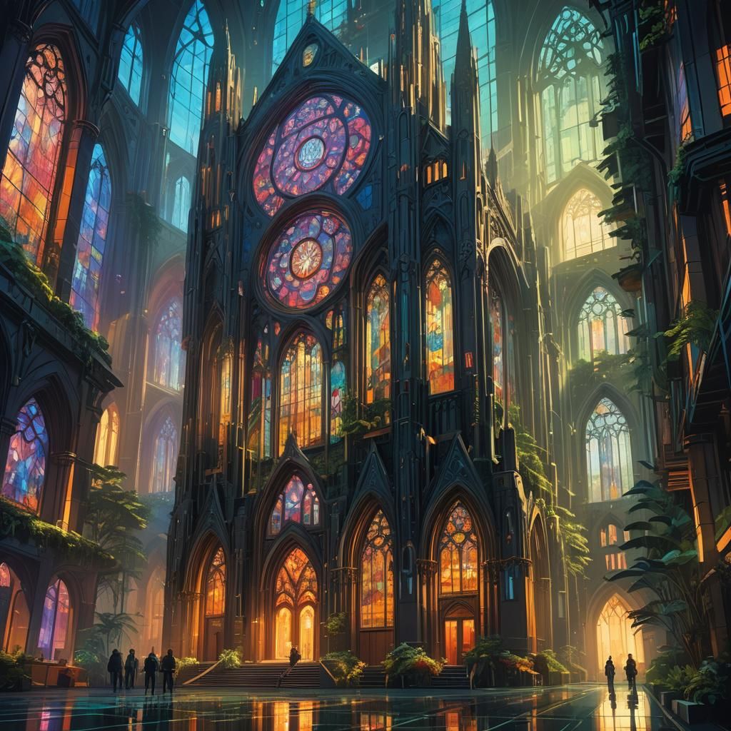 Futuristic Church with Neon and Stained Glass