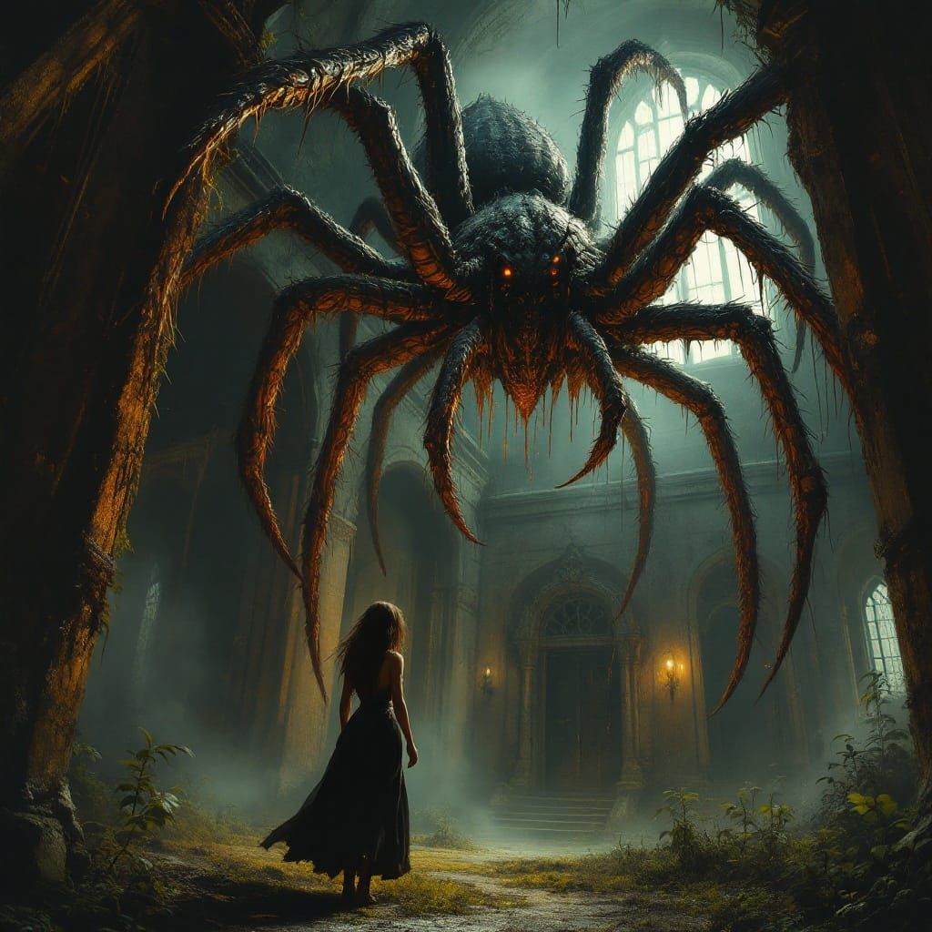 Eerie Tarantula Chandelier in Abandoned Manor