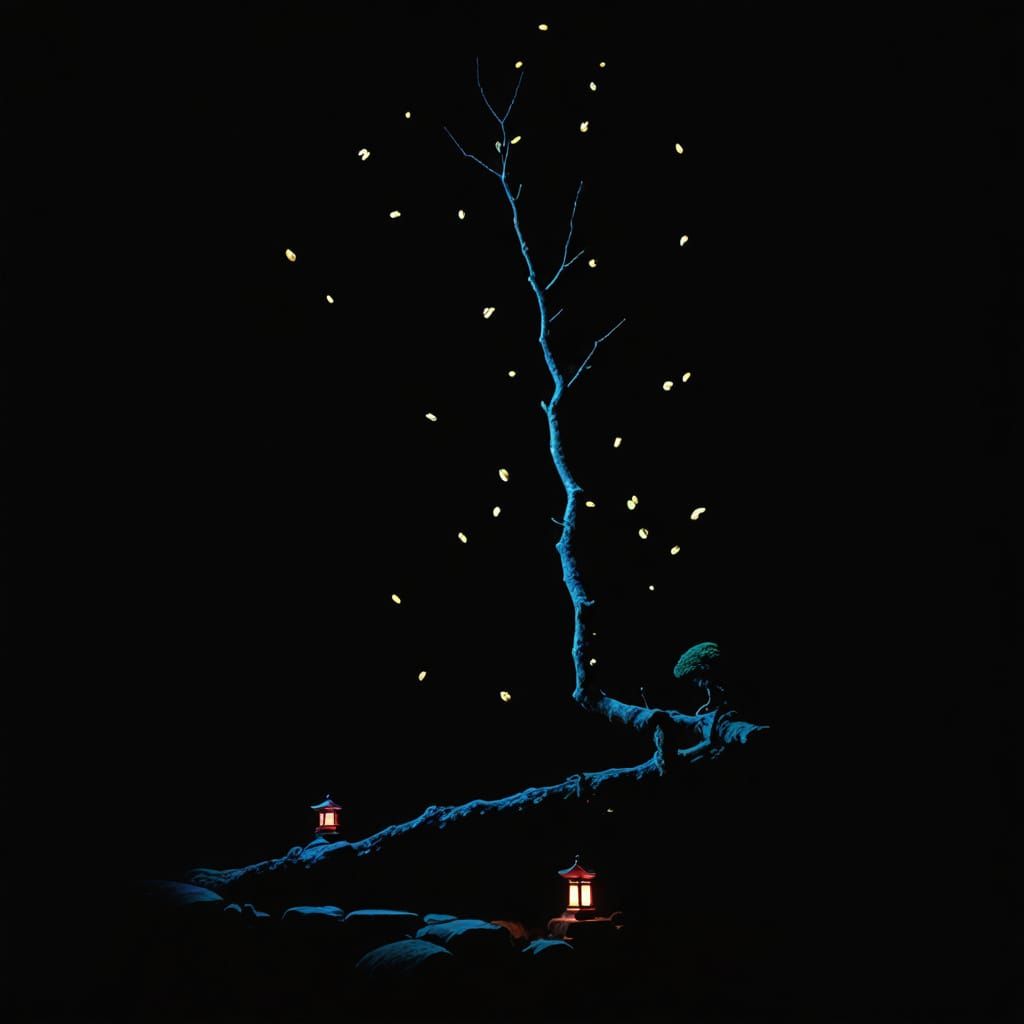 Japanese Garden Twilight With Fireflies and Mist