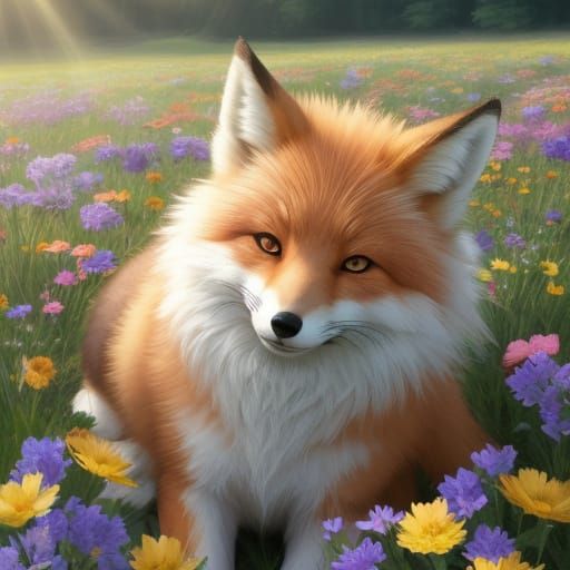 Cute Fluffy Fox in Summer Flower Field