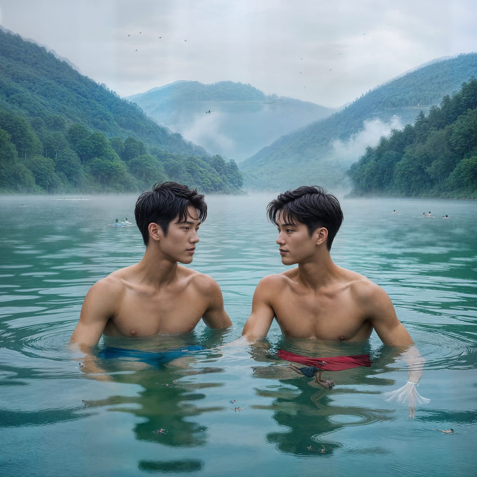 Korean Men Swimming in Misty Valley Lake