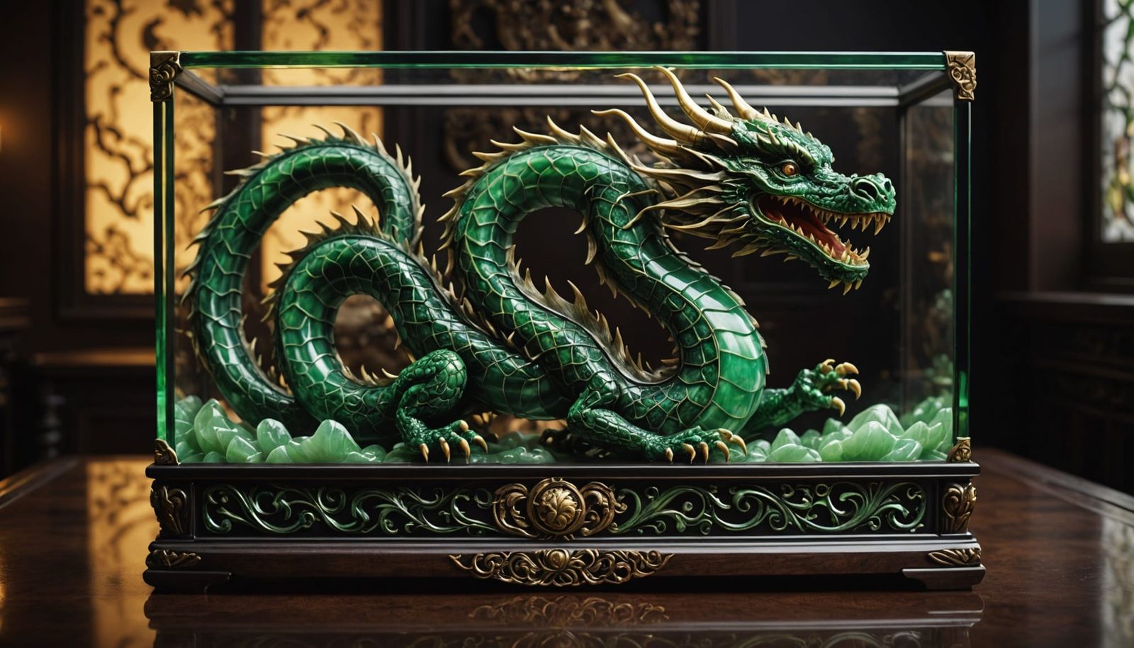 A long wide view of Hyper-realistic digital art. A carved dragon made of jade is enclosed in a glass box trimmed in ebon...