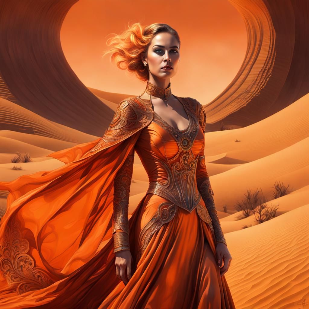 Woman in Orange Solarpunk Gown, Pop Art Style