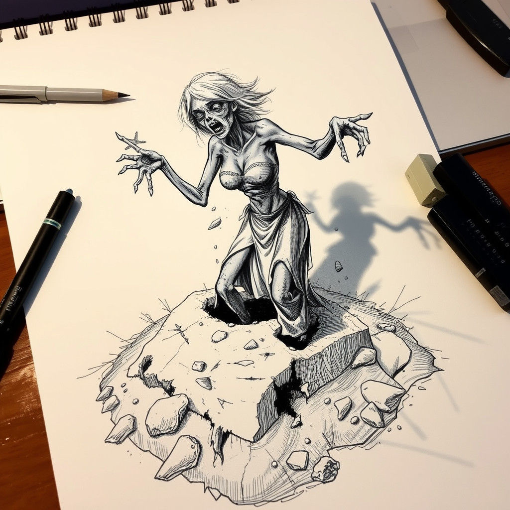 Detailed Sketch of Zombie Rising From Grave