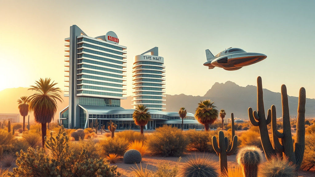 an abandoned sleek, silver hotel in the middle of the Arizon...