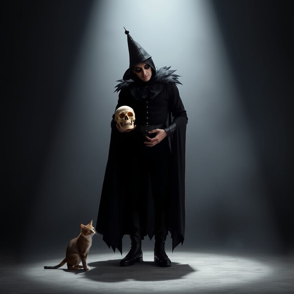 Actor in Spotlight with Skull and Feline Witness
