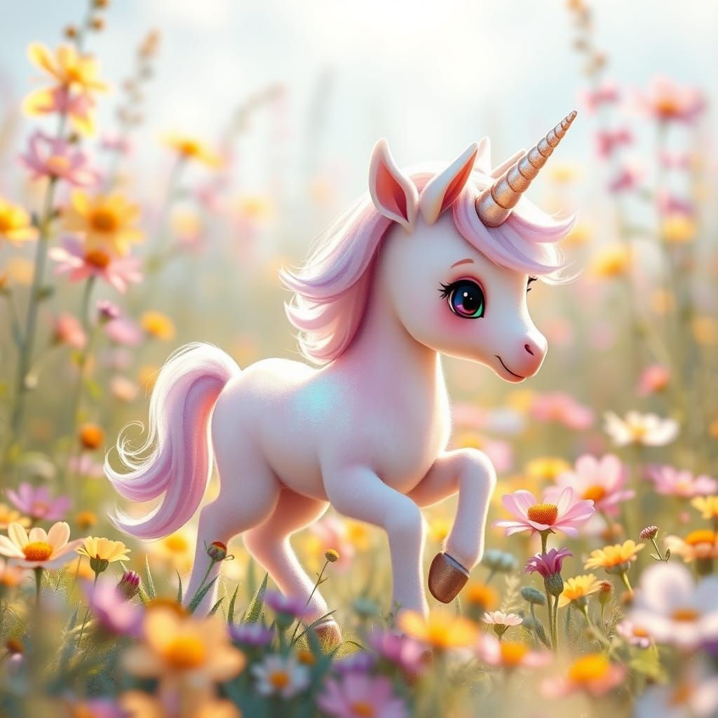 Whimsical Unicorn Foal in a Vibrant Field of Wildflowers