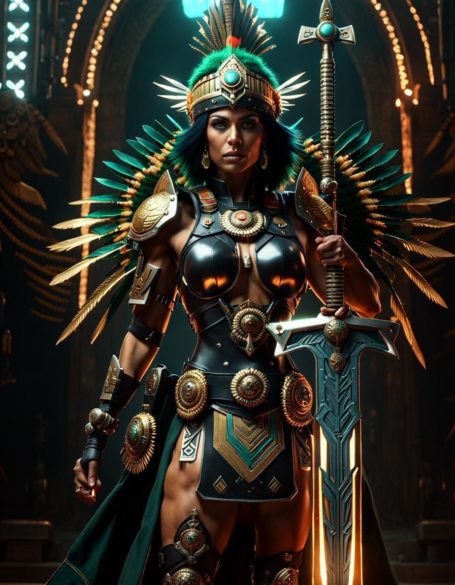 Aztec Warrior Woman in Cyberpunk Servo-Armor