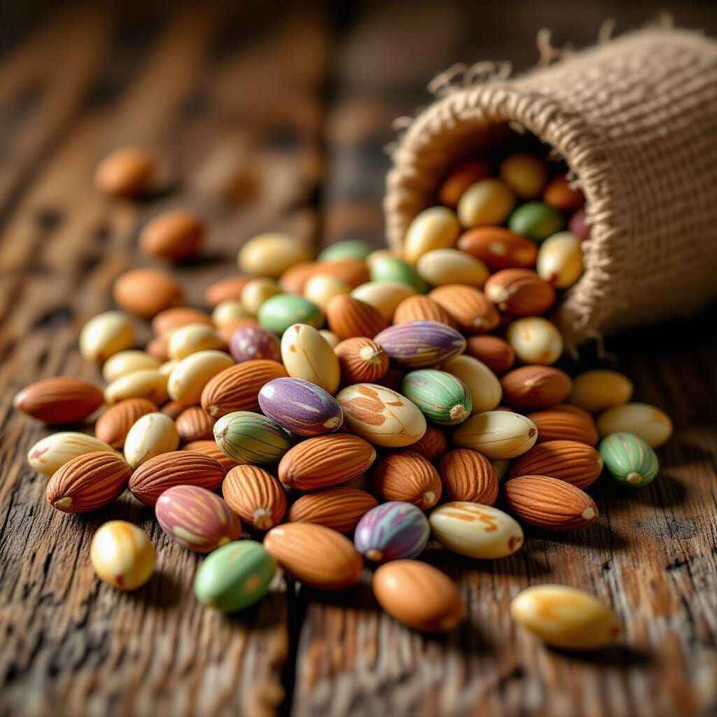 Colorful Nuts on Rustic Table in Whimsical Style