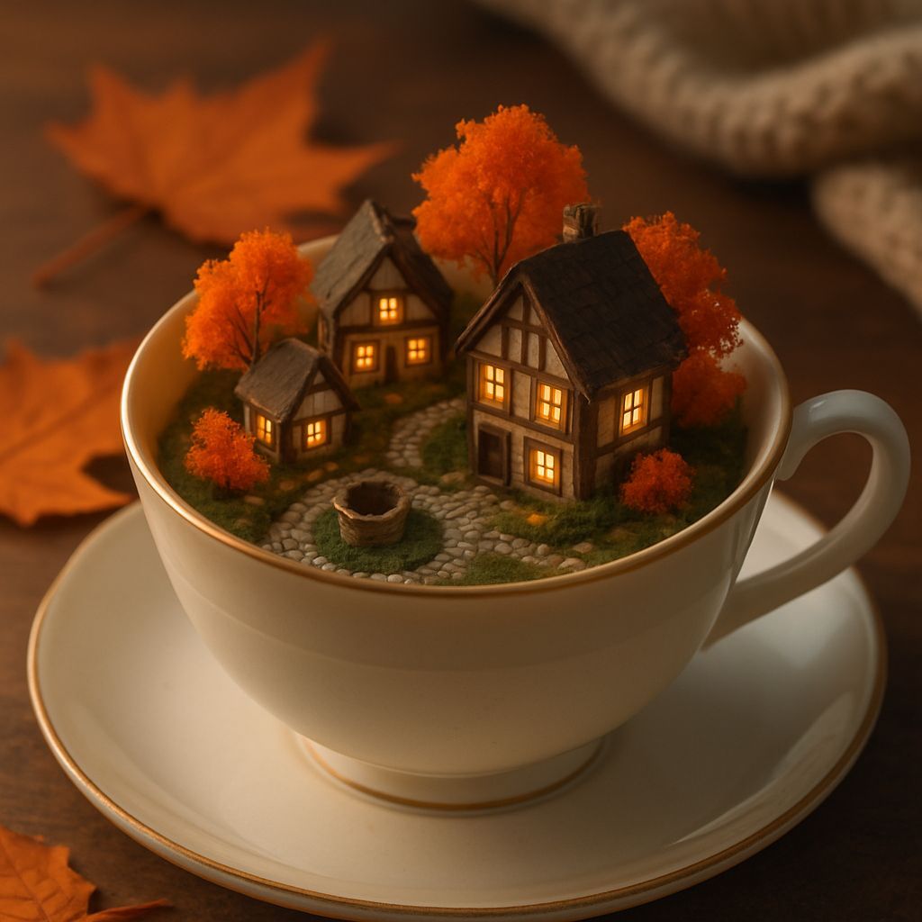 Miniature Autumn Village in Porcelain Teacup