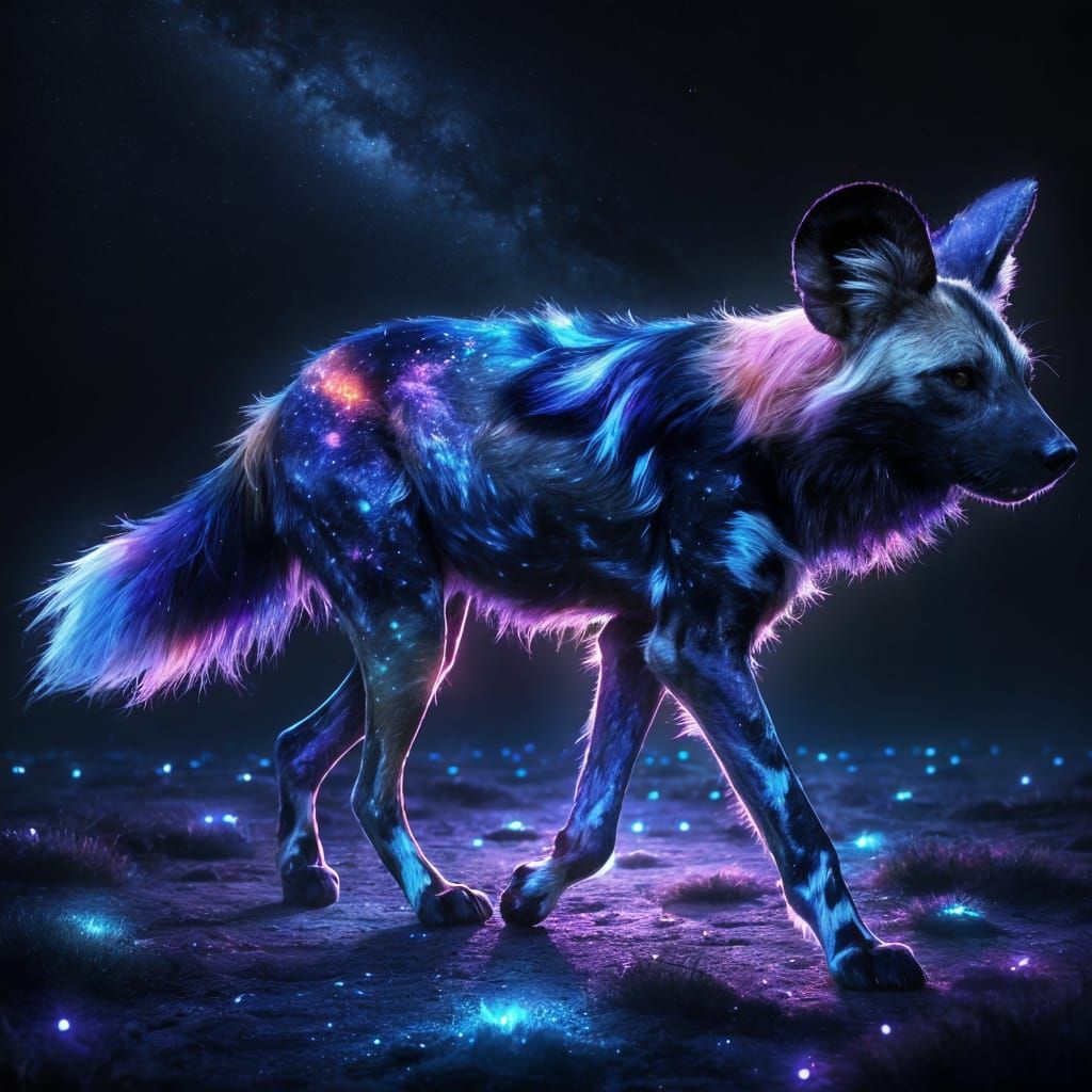 Cosmic African Wild Dog in Surreal Fantasy Style