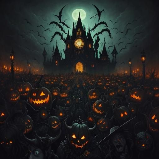 Demon Clocks Chase Crowd on Halloween: Dark Fantasy Oil Pain...