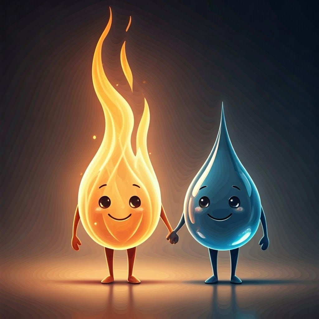 Flame and Water Droplet Holding Hands in Fantasy Art