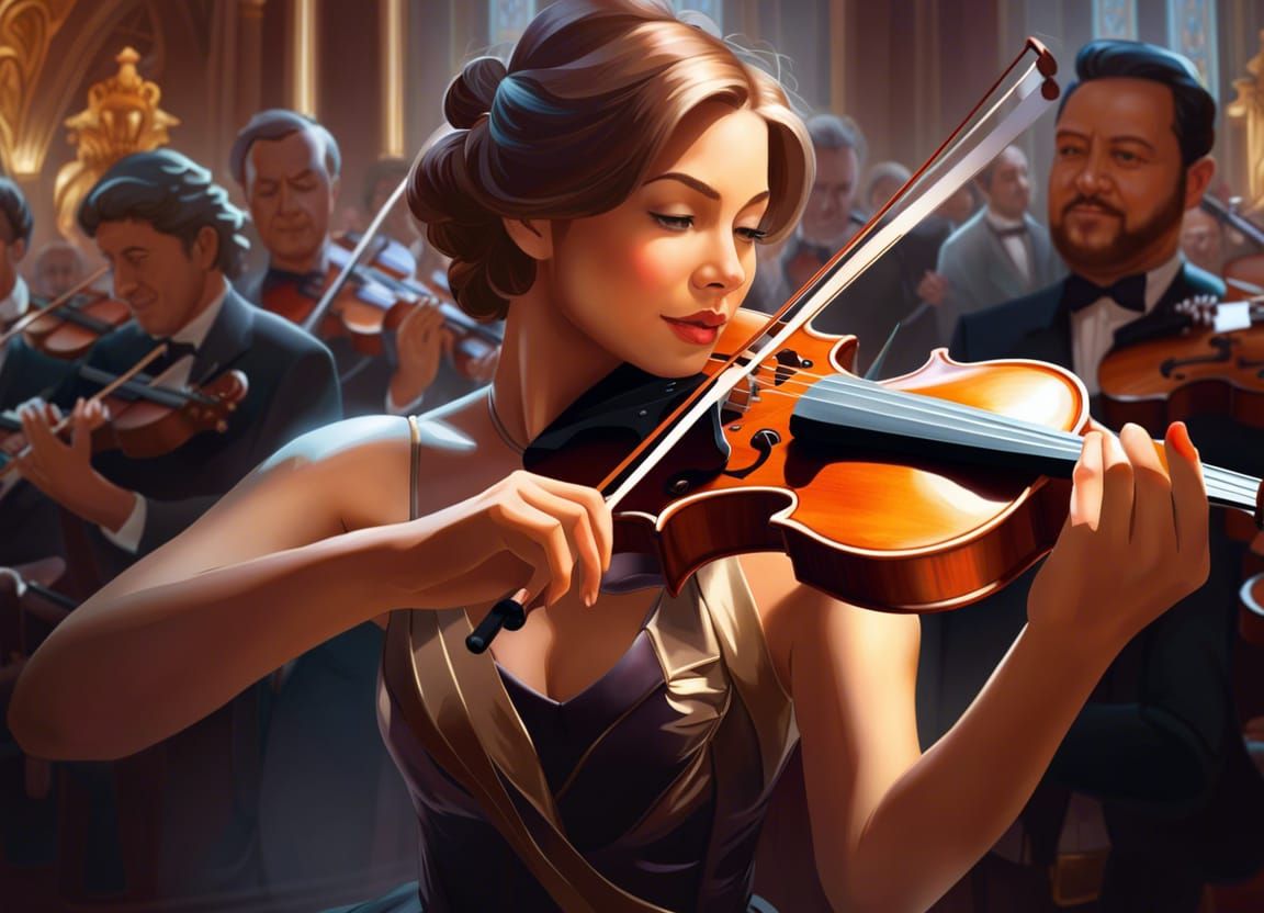 Expressive Girl Violinist With Symphony Orchestra, Detailed ...