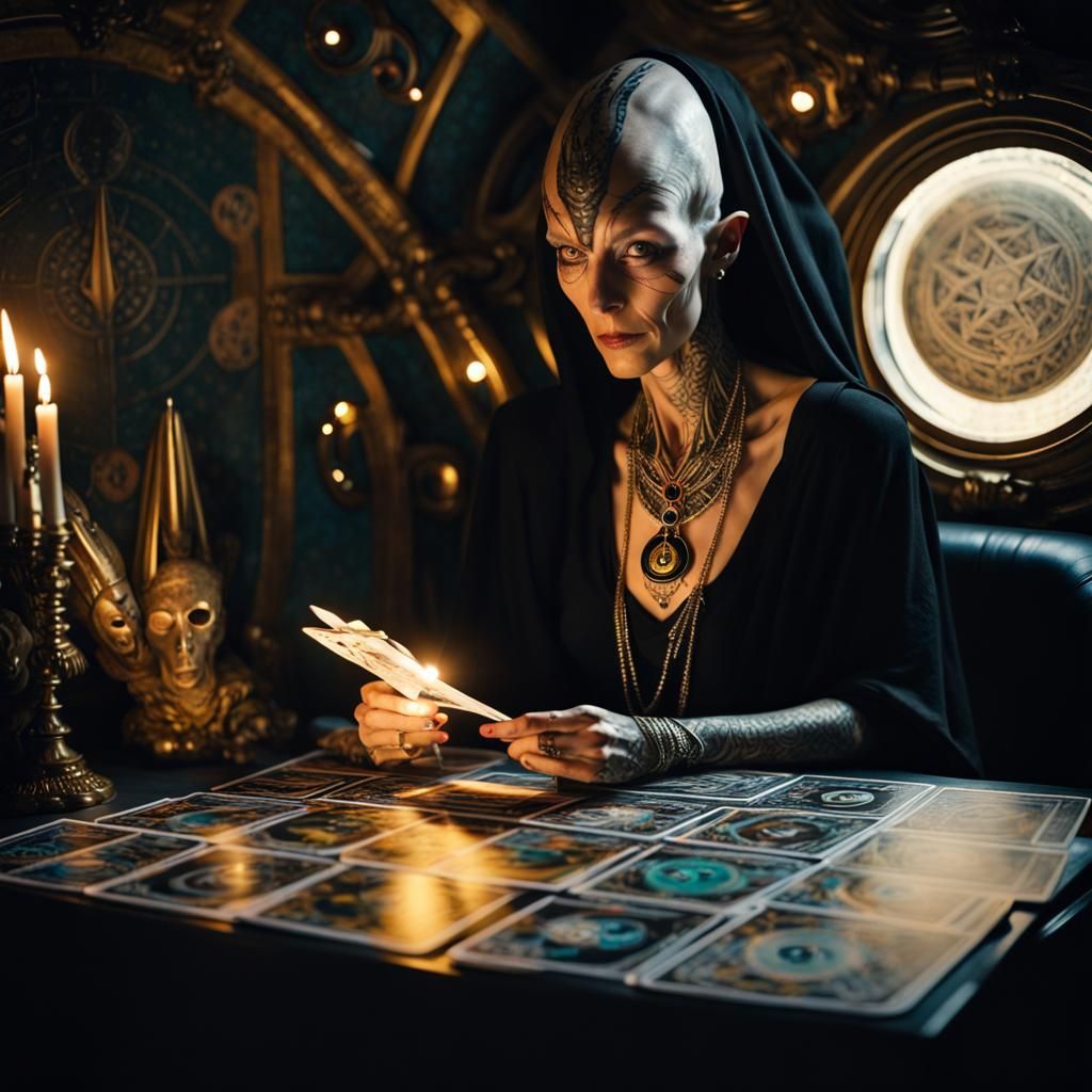 Alien Tarot Reader with Golden Eyes