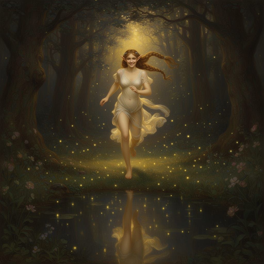 Beautiful Elf Maiden in Ancient Forest with Luminous Lightin...