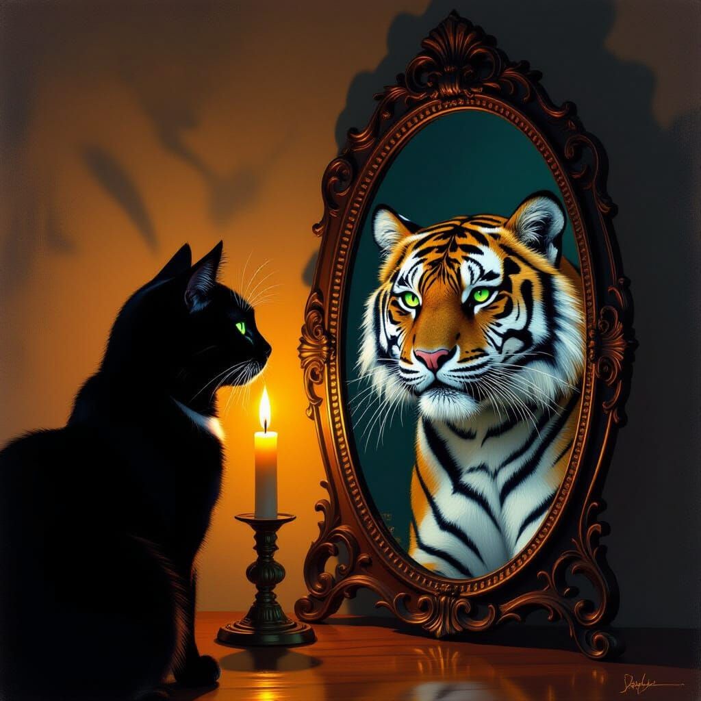 Black Cat Sees Tiger Reflection in Ornate Mirror