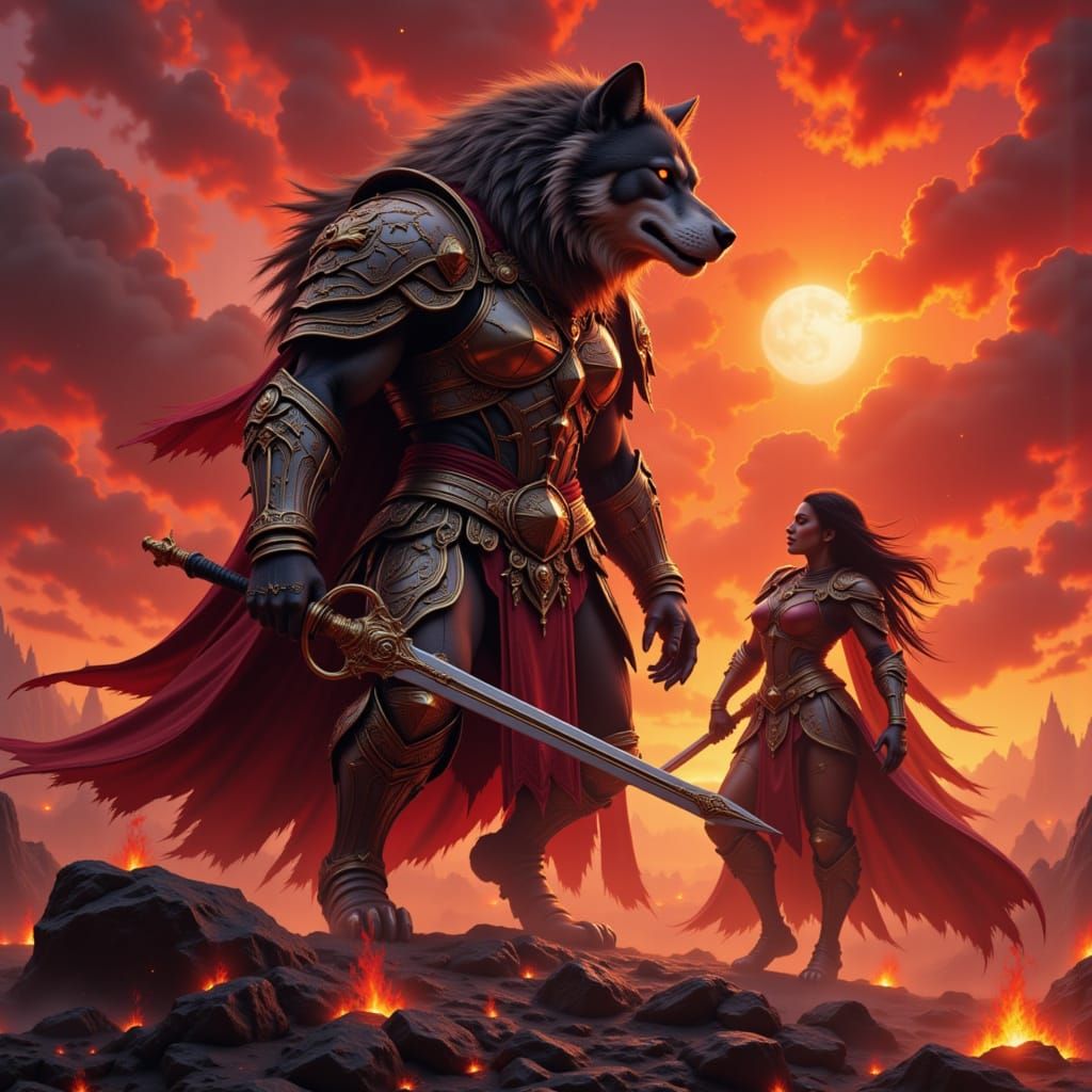 Armored Wolf and Warrior Defending Themselves