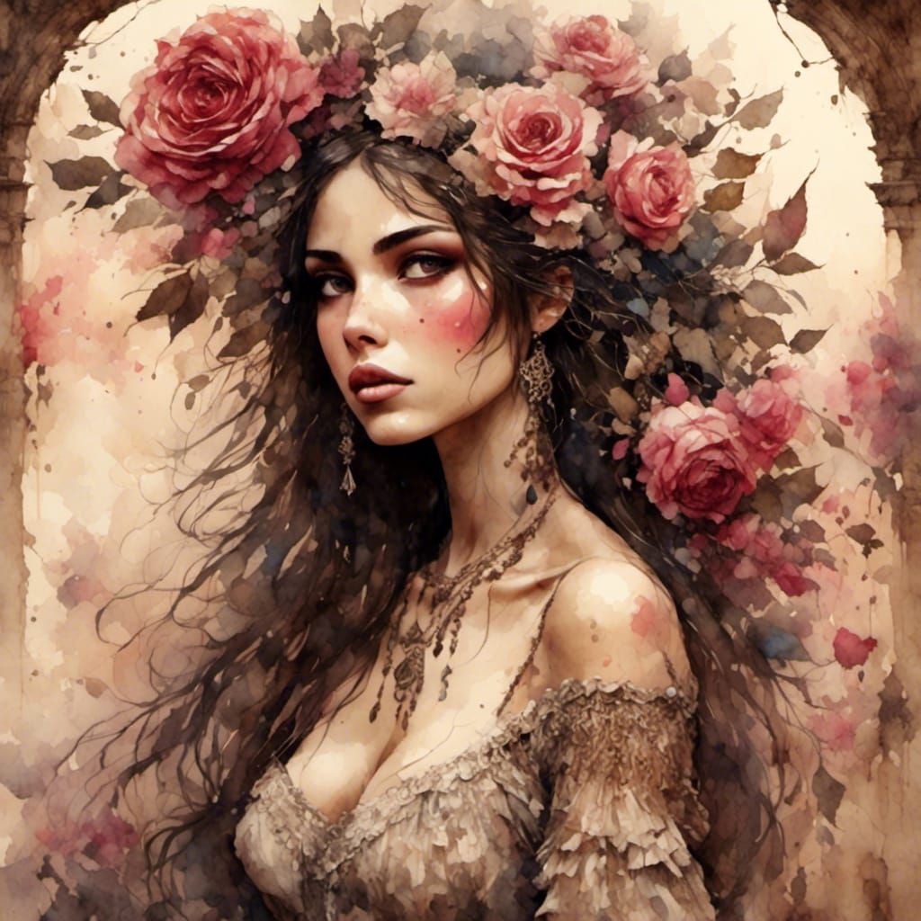 Gypsy Rose in Cantina: Antique Watercolor Oil Painting