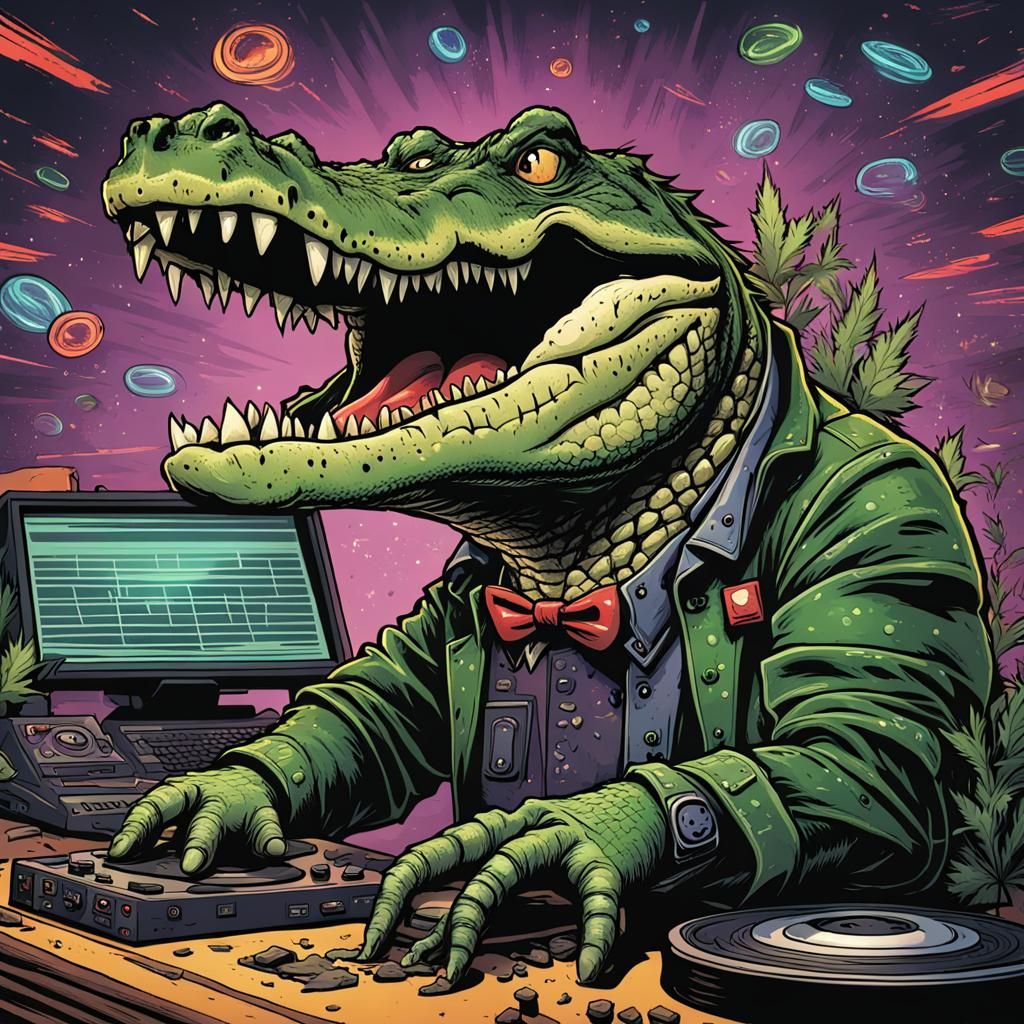 Crocodile DJ in Weed Theme Comic Art