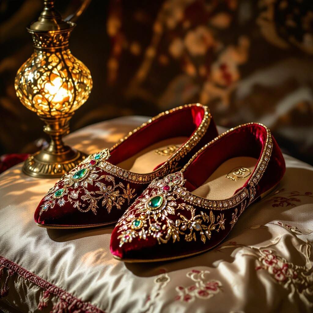 Ornate Jewel-Encrusted Harem Slippers on Silk Cushion