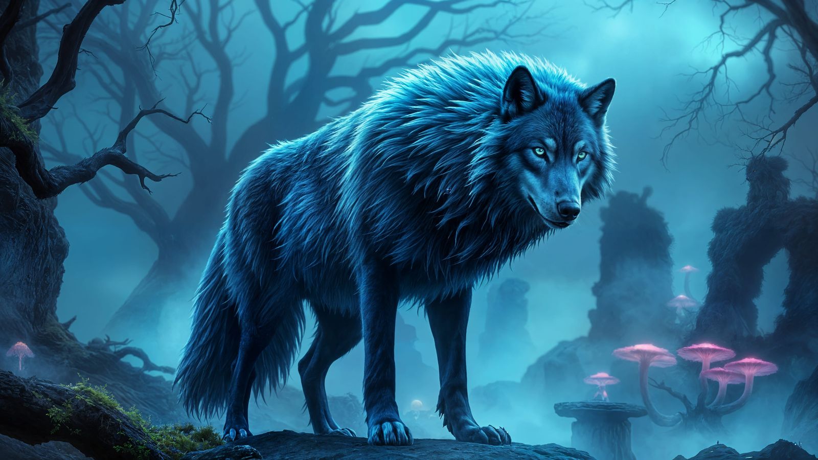 Majestic Blue-Furred Wolf in Epic Fantasy Realm