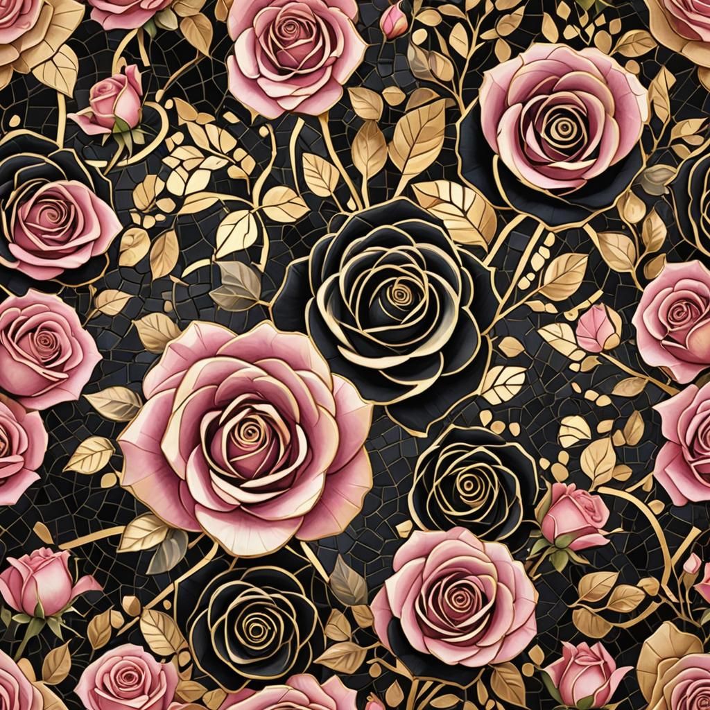 Black and Pink Roses in Nouveau Mosaic Style