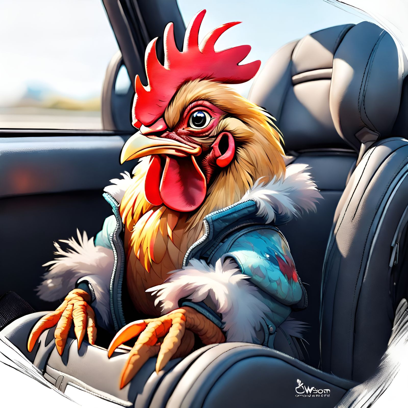 Adorable Cartoon Rooster in Car, Detailed Concept Art