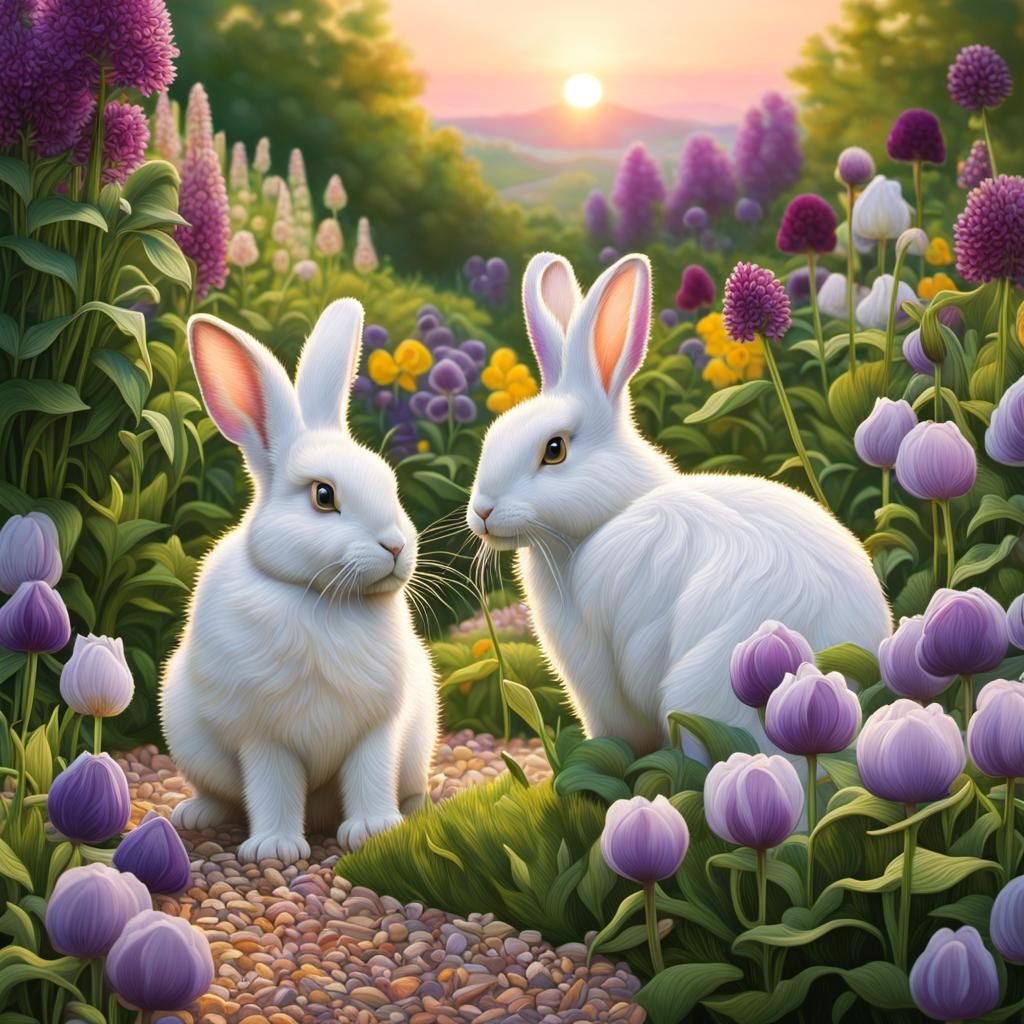 Rear view of two White Flemish rabbits on a pea gravel trail in a wild garden full of pansies and alliums at sunset Hype...