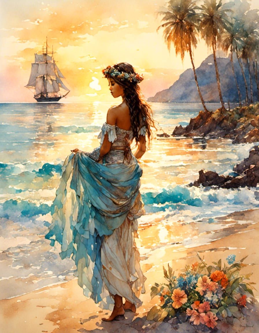 Hawaiian Girl on Beach, Art Nouveau Watercolour