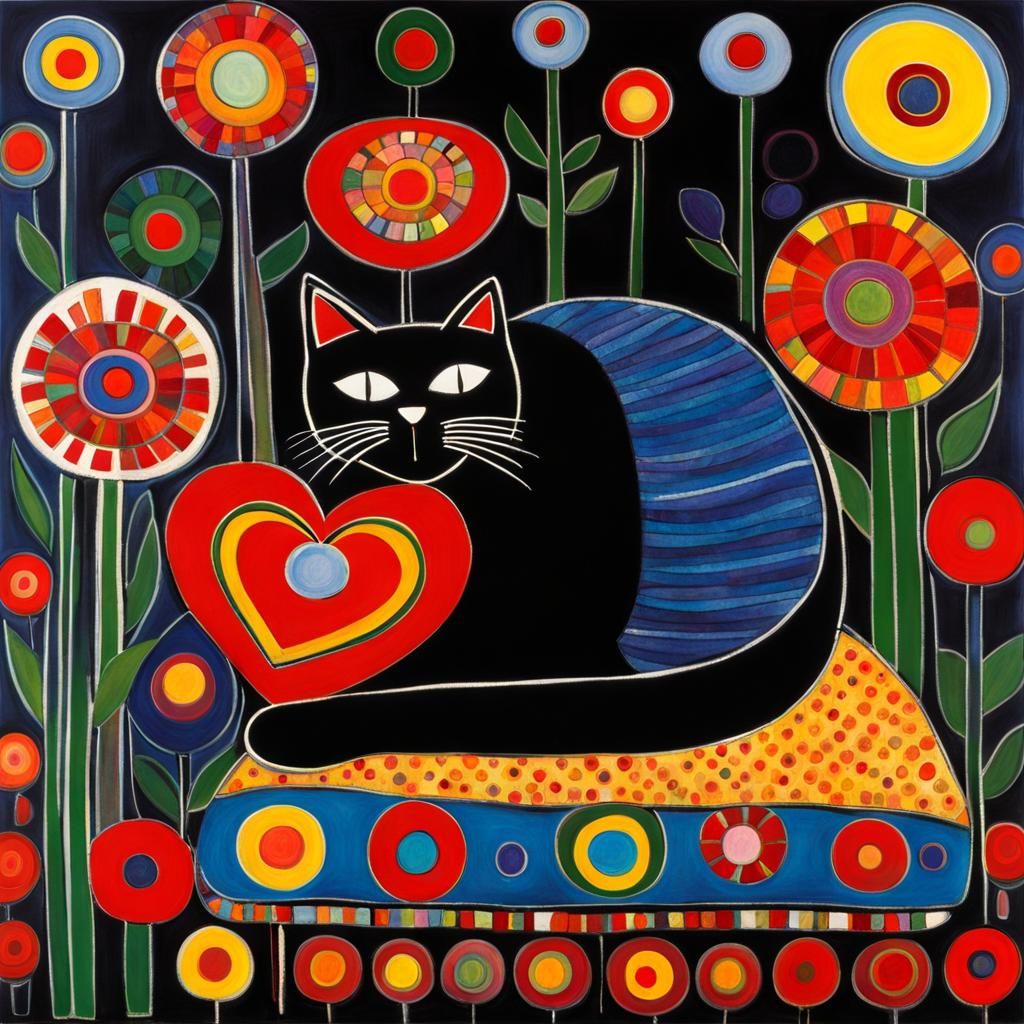 Cat Surrounded by Flowers in Hundertwasser Style