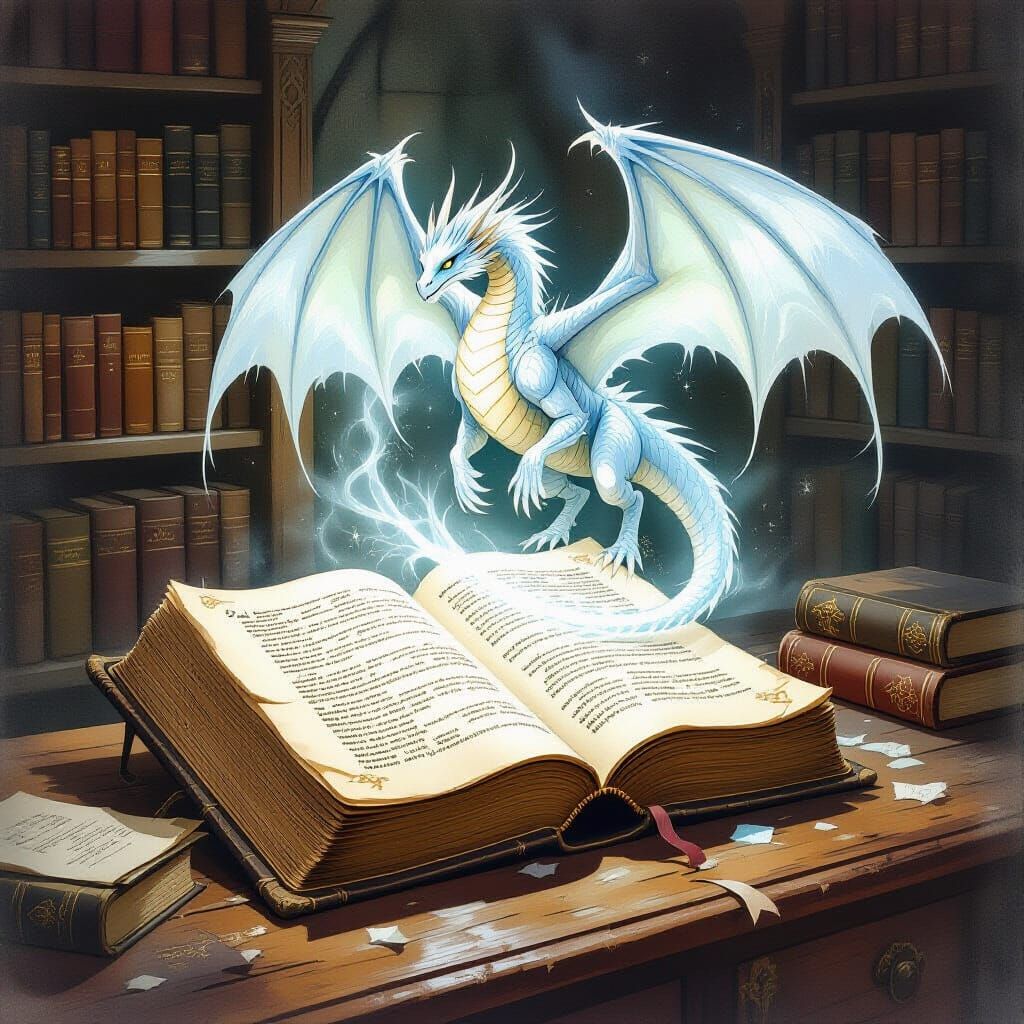 Spectral Dragon Guards Glowing Rune Tome on Dusty Desk