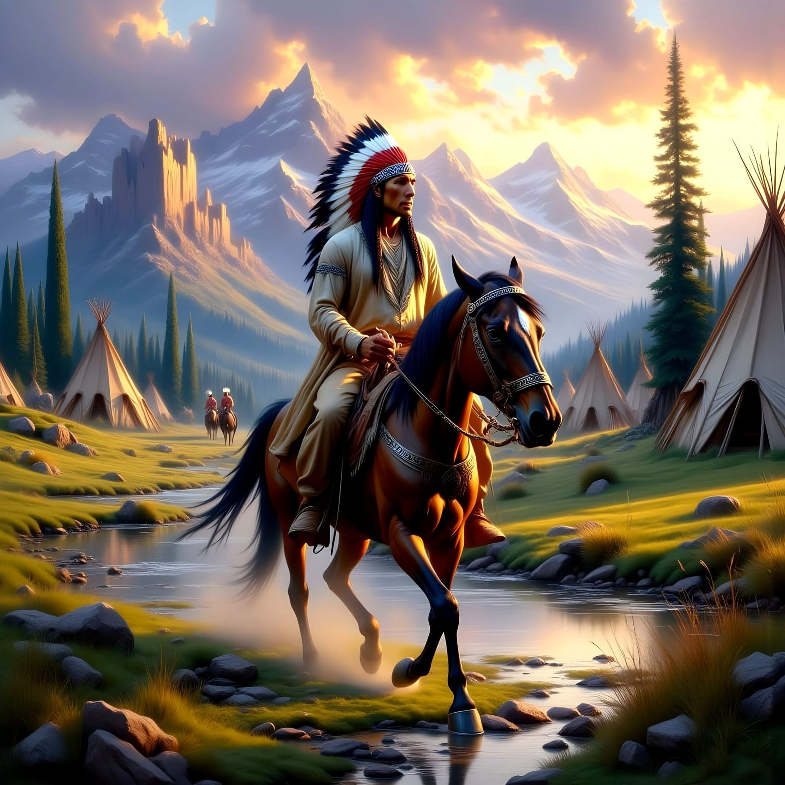 Handsome Native American Chief Rides Through Vibrant Tepee V...