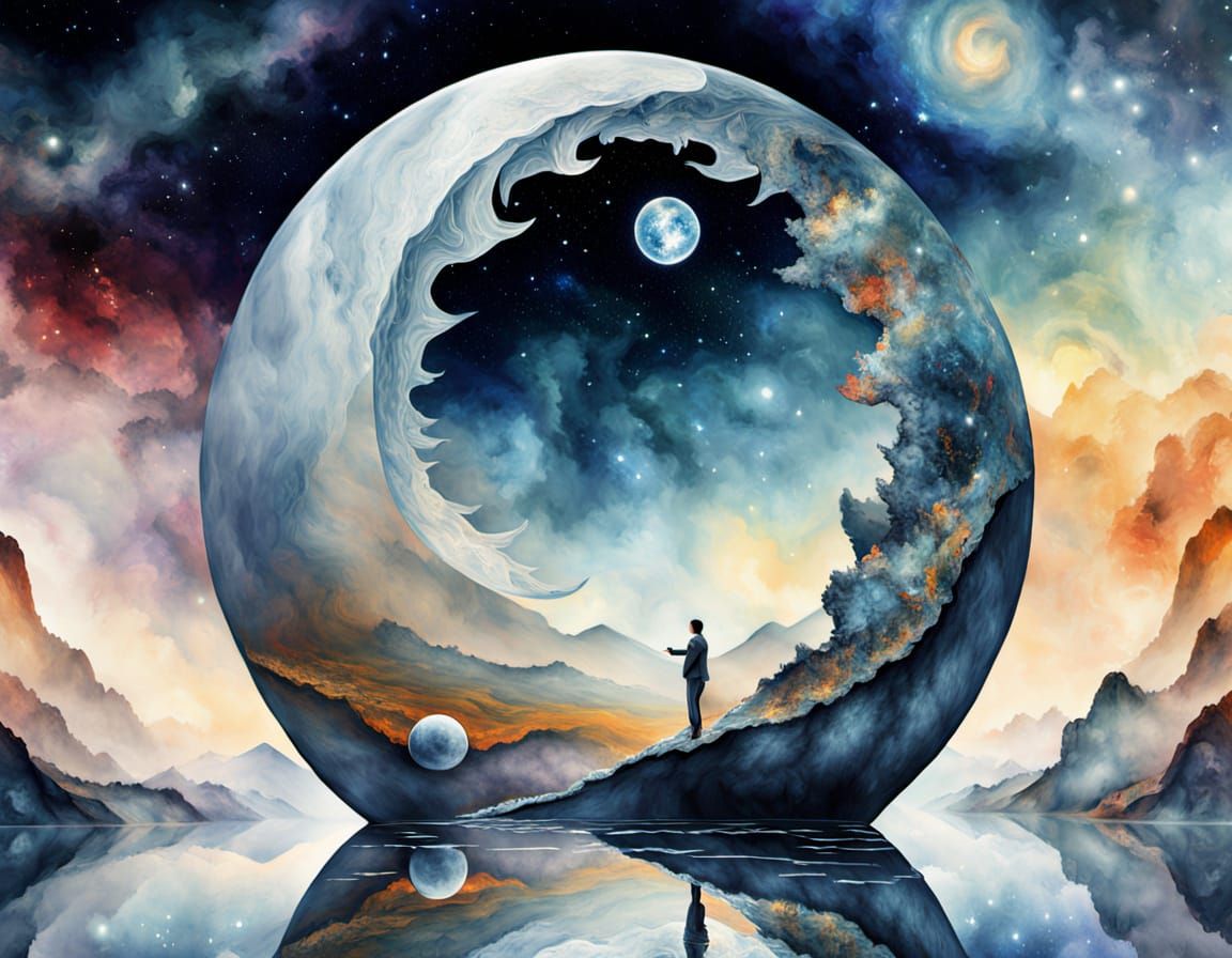 Surreal Mechanical Sphere in Galaxy as Watercolor Painting