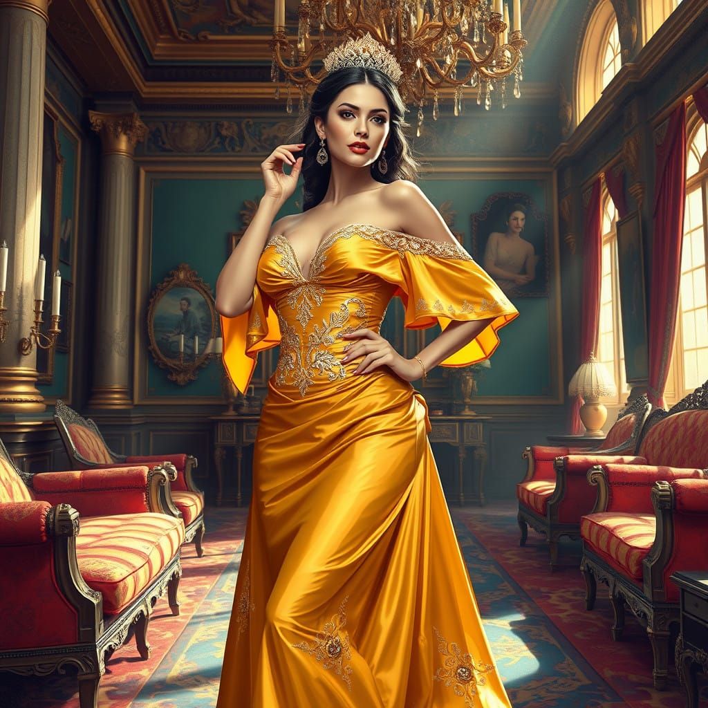 Regal Woman in Opulent Chamber, Golden Gown