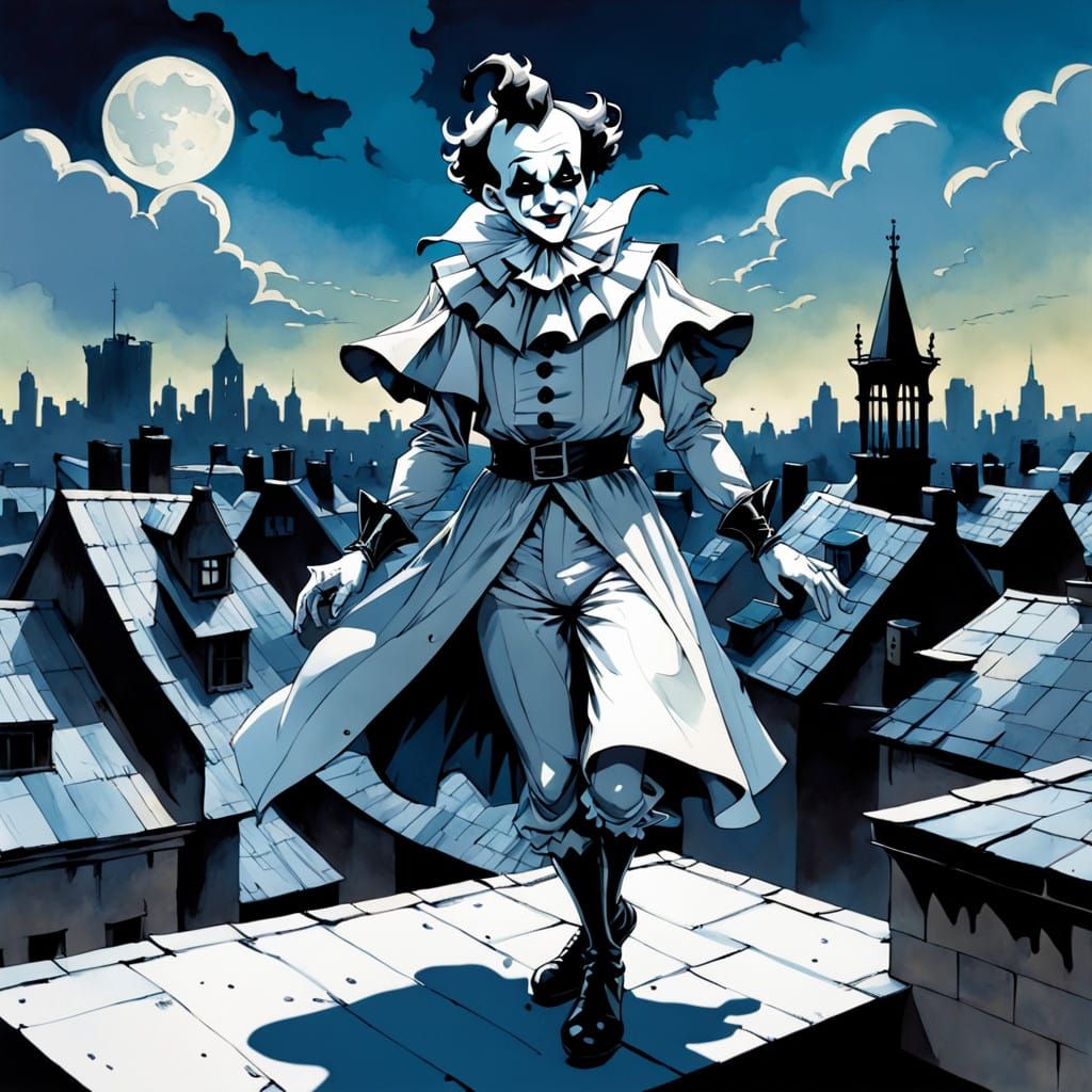Mysterious Pierrot Traverses Dark City Rooftops in Cel-Shade...