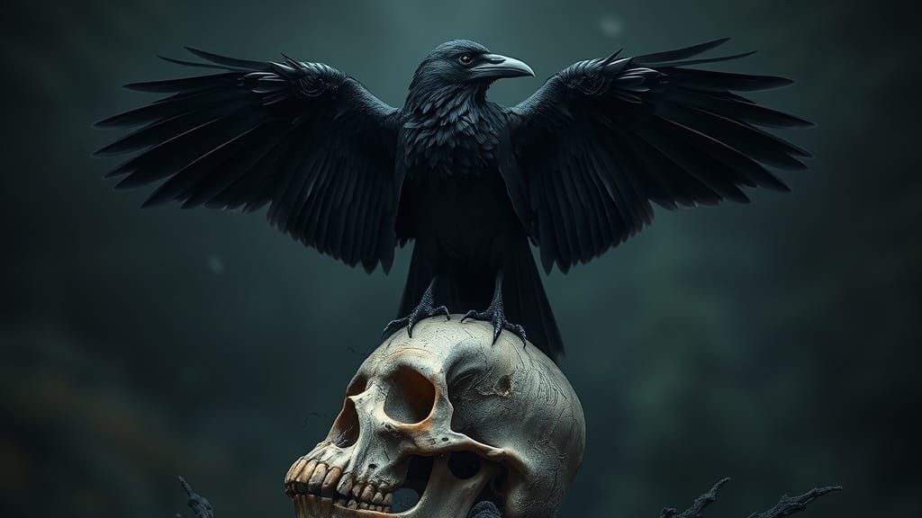Raven on Skull in Dark Romanticism Style