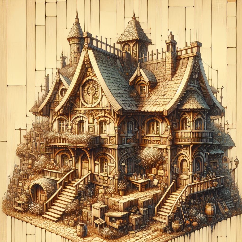 Cozy Crooked House in Detailed Artistic Style