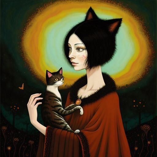 Dreamlike Woman-Cat in Art Brut Style