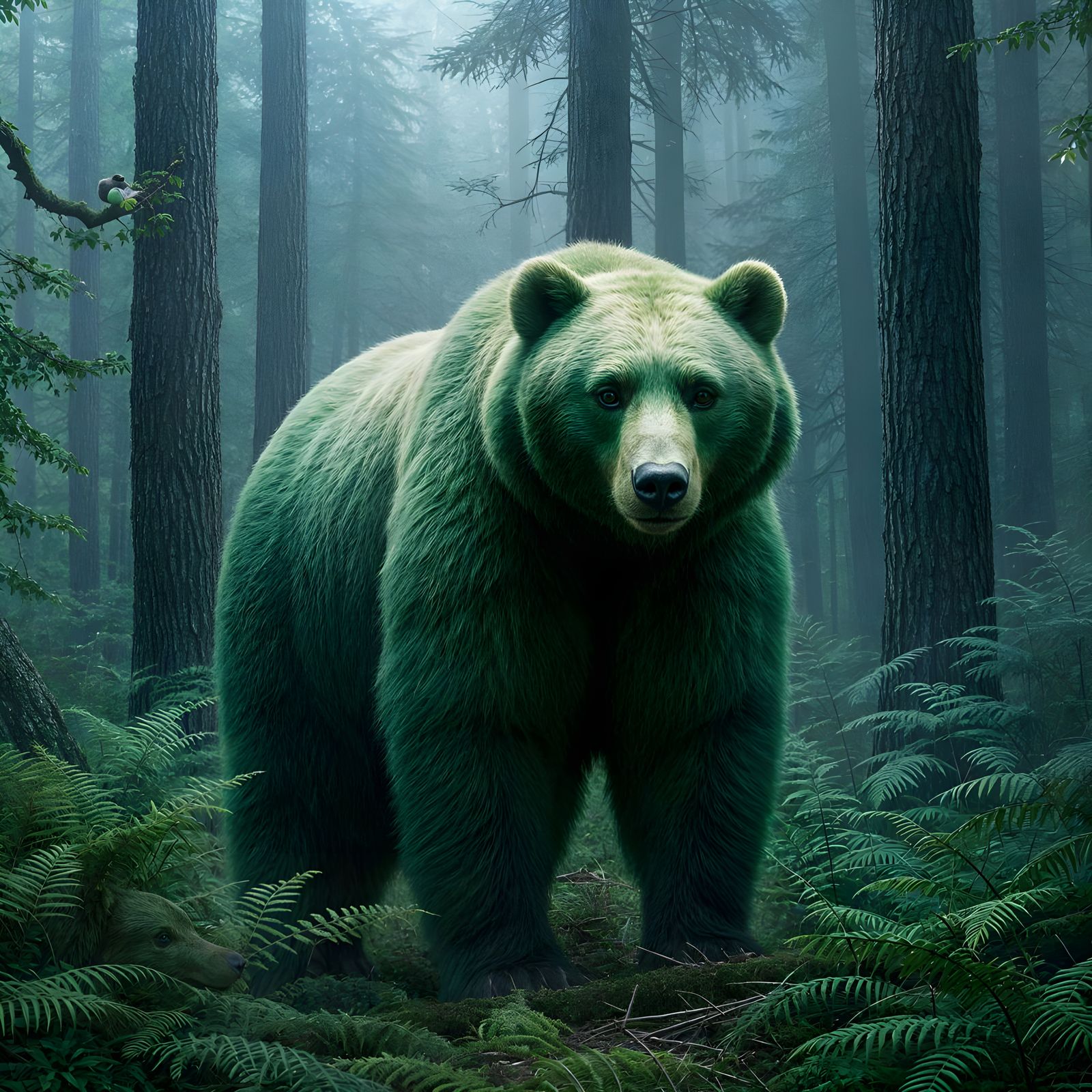 Electric Green Bear in Mystical Forest