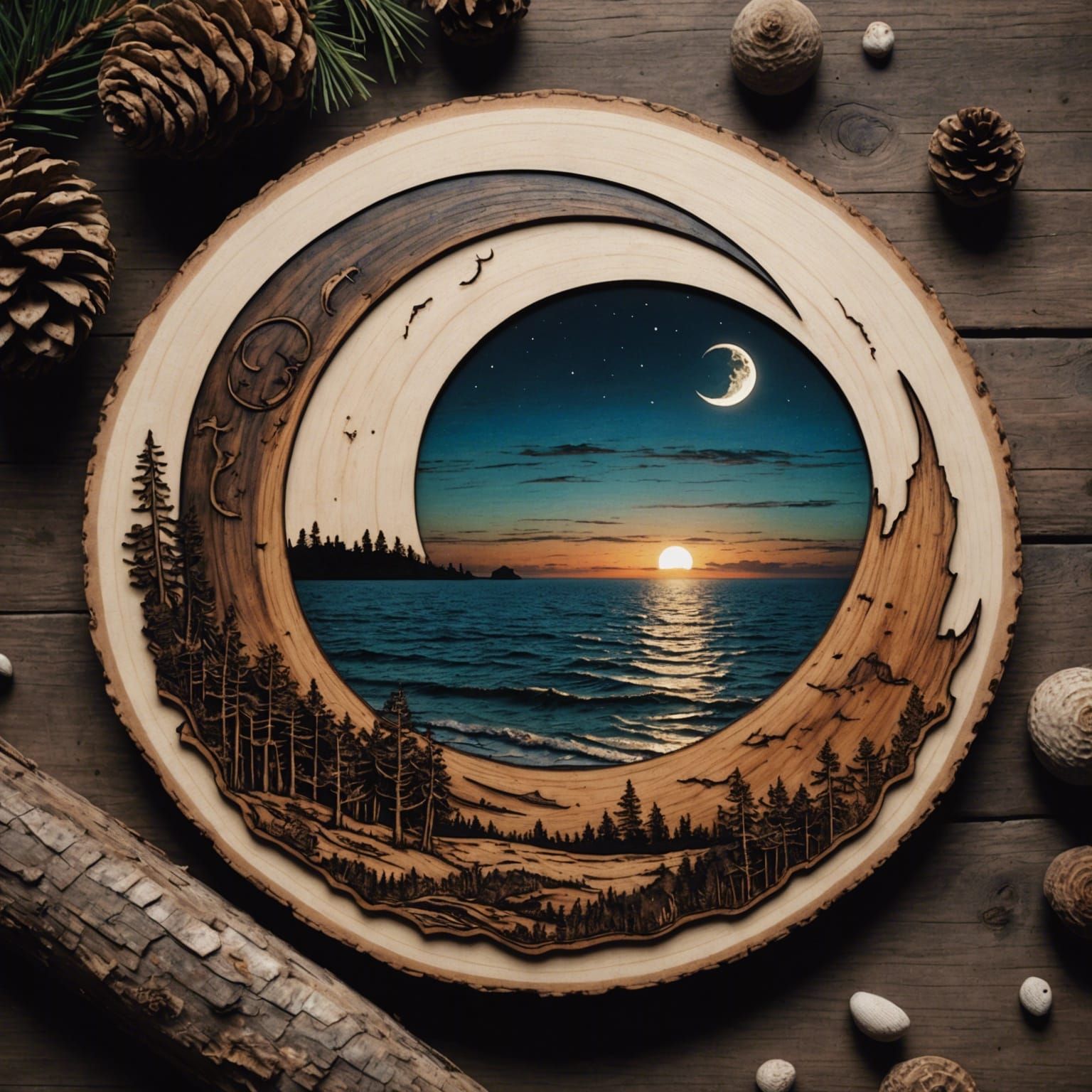Crescent Moon Wood Burning Over Ocean