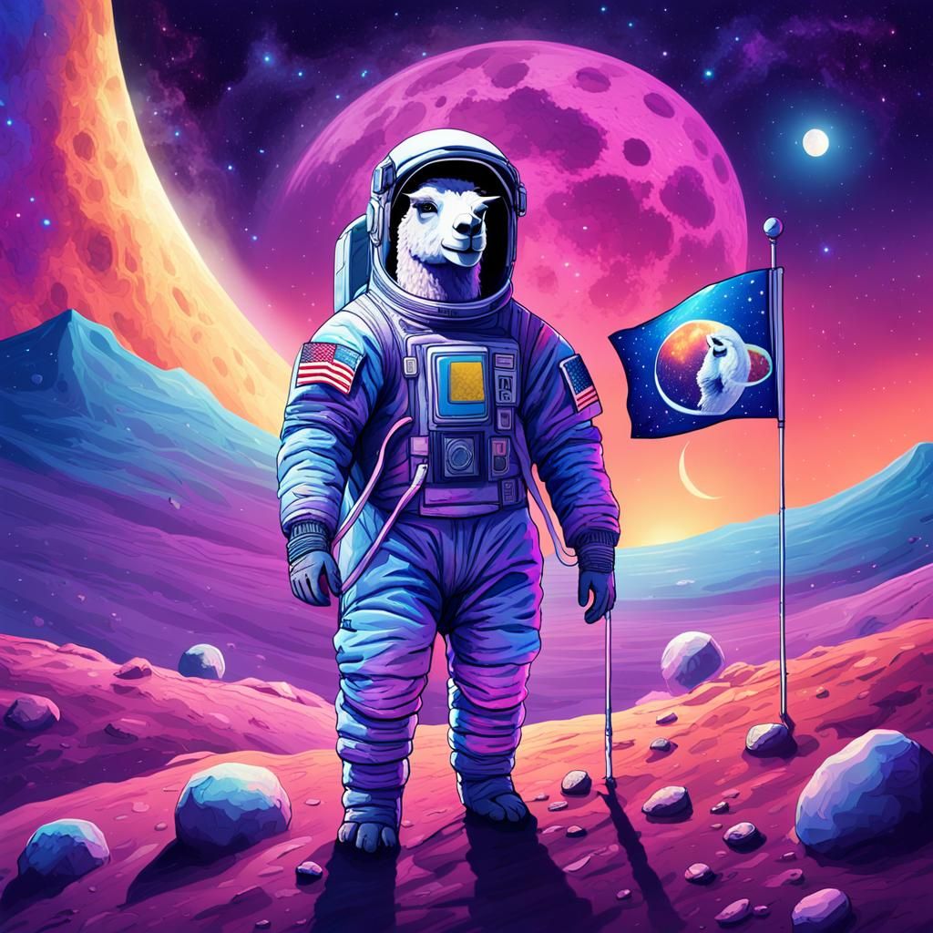 Llama Astronaut in Vibrant, Iridescent Spacesuit on the Moon